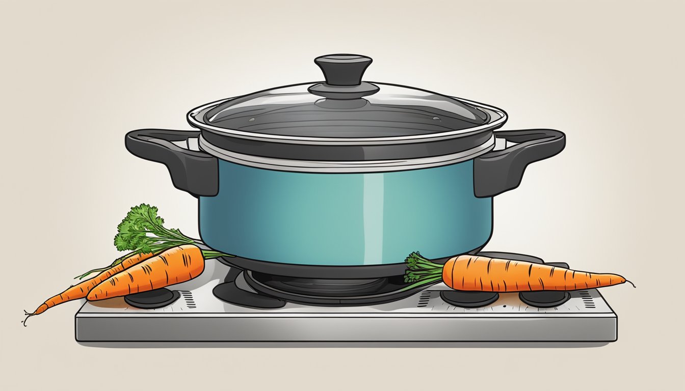 Carrots steaming in a pot on a stovetop, with steam rising and a lid partially covering the pot