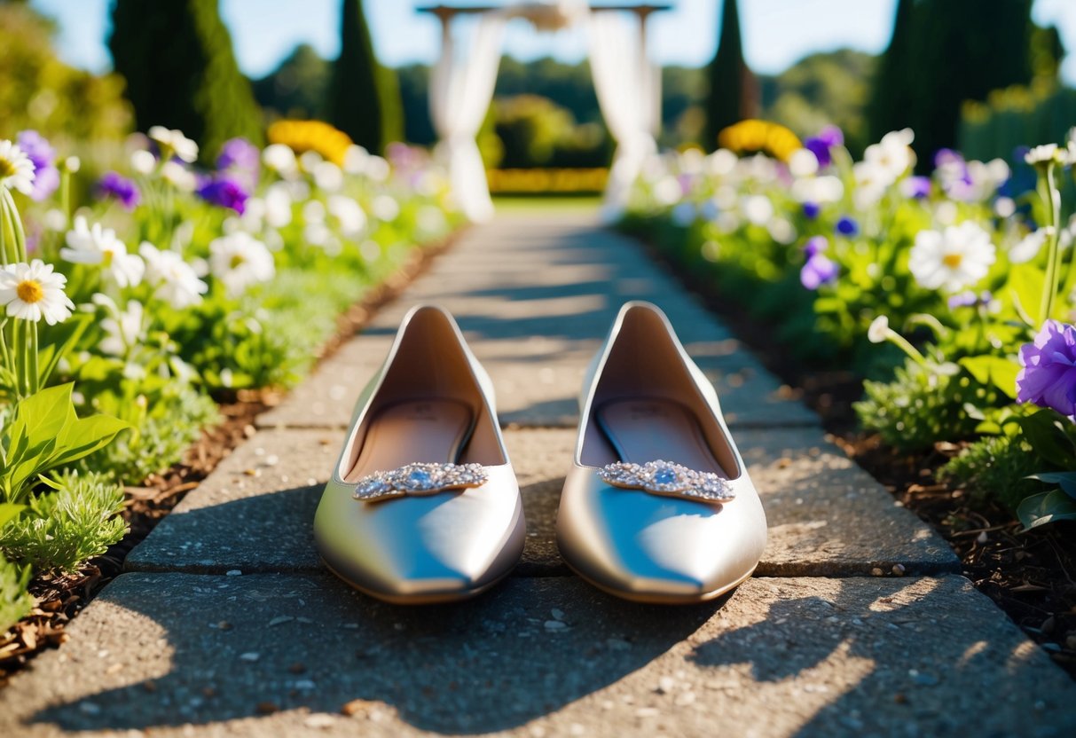 A pair of elegant flats rests on a sunlit, flower-filled garden path, leading to a picturesque outdoor wedding venue