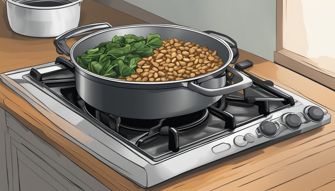 A pot of black eyed peas and collard greens being reheated on a stovetop