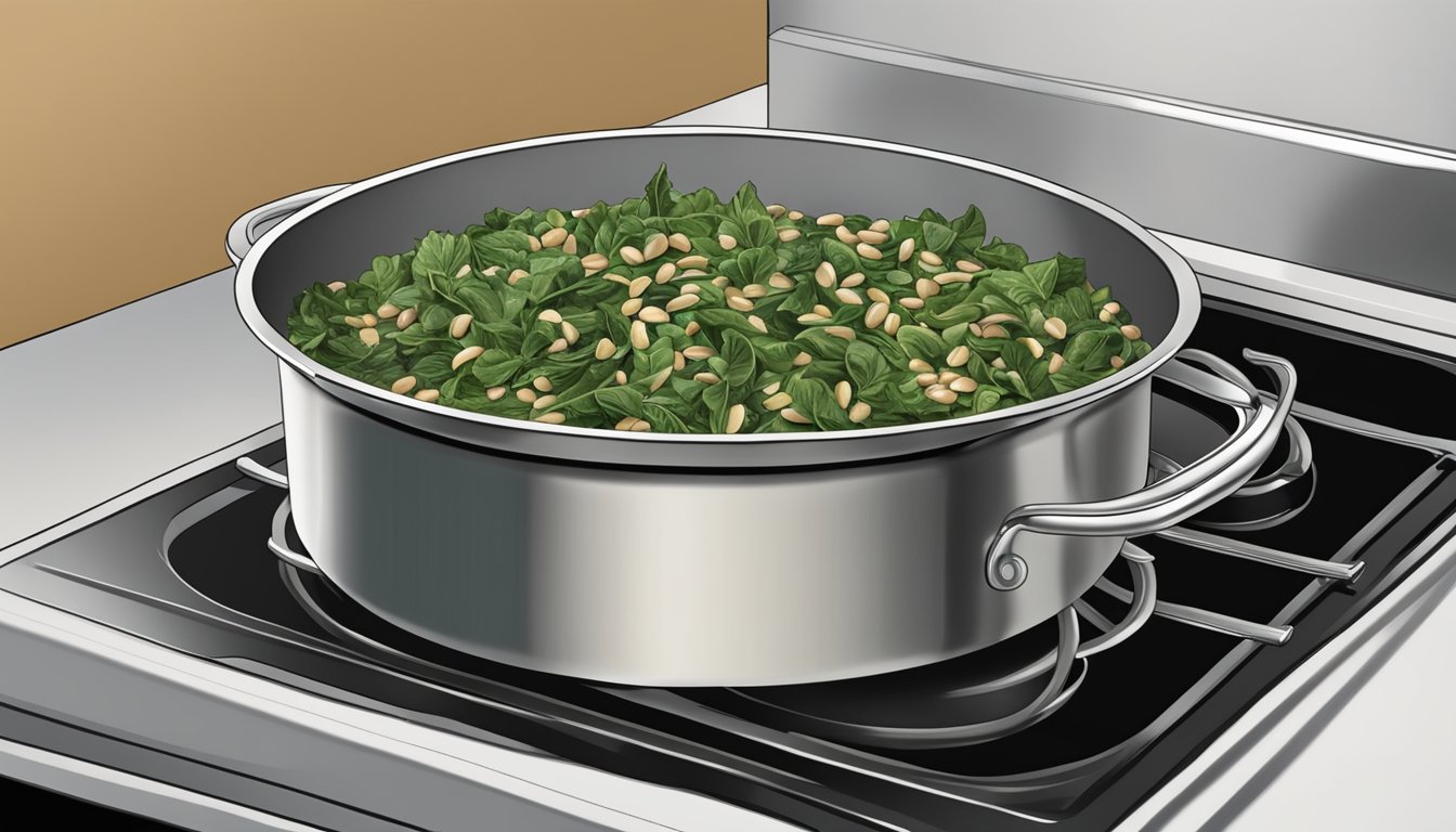 A pot of reheated black eyed peas and collard greens steaming on a stovetop