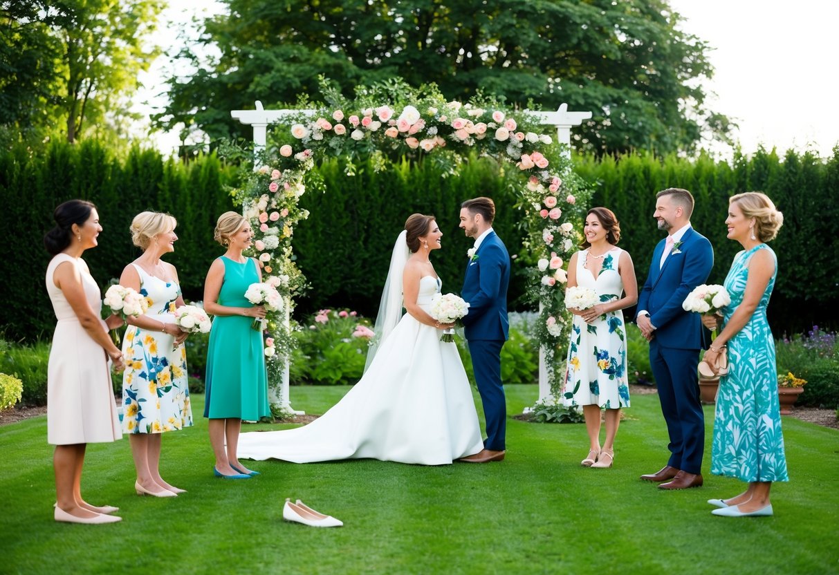 A garden setting with a bride and groom under a floral arch, with guests wearing elegant summer attire and a variety of stylish flats