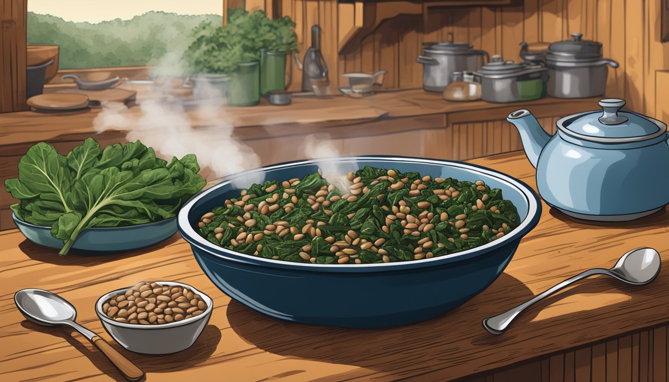 A steaming bowl of reheated black eyed peas and collard greens, surrounded by a warm, rustic kitchen setting