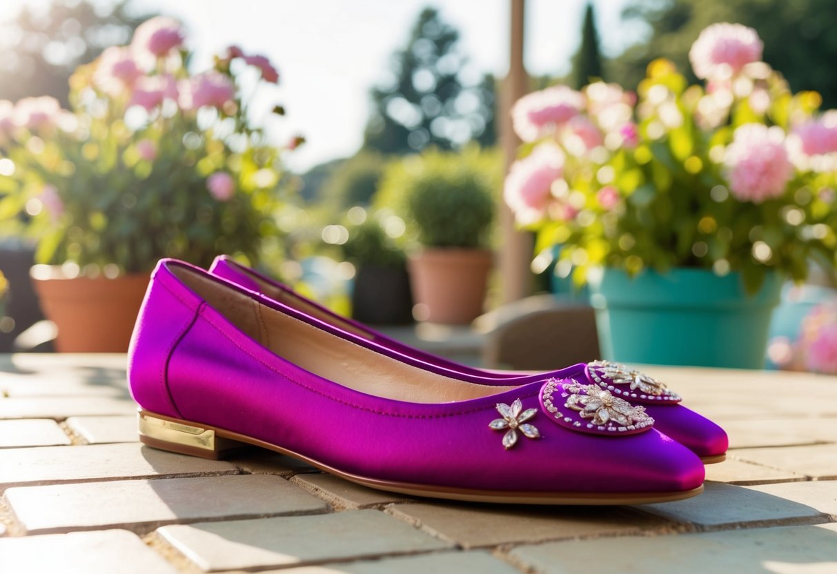 A pair of elegant flats in a vibrant color, adorned with delicate embellishments, resting on a sunlit patio with blooming flowers in the background