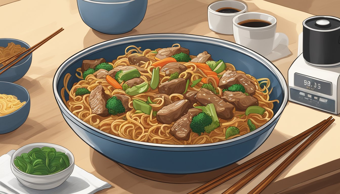 A steaming bowl of Birds Eye Voila! Beef Lo Mein sits on a kitchen counter, surrounded by chopsticks and a microwave