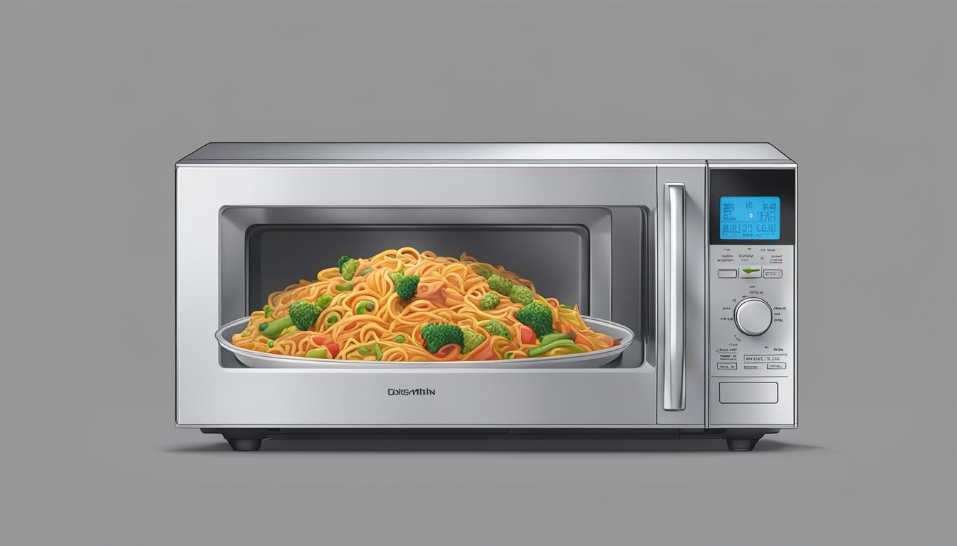 A microwave with a plate of Birds Eye Voila beef lo mein inside, steam rising from the dish