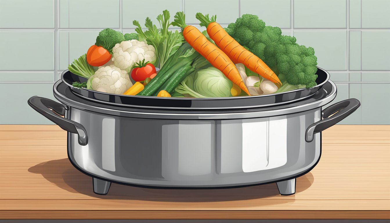 A pot of steaming water with a steamer basket filled with mixed vegetables on a stovetop