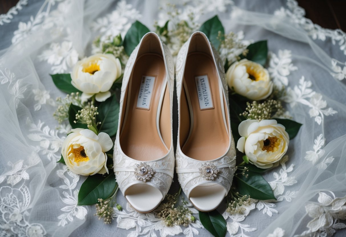 A pair of elegant, non-white wedding shoes surrounded by delicate lace and floral decorations