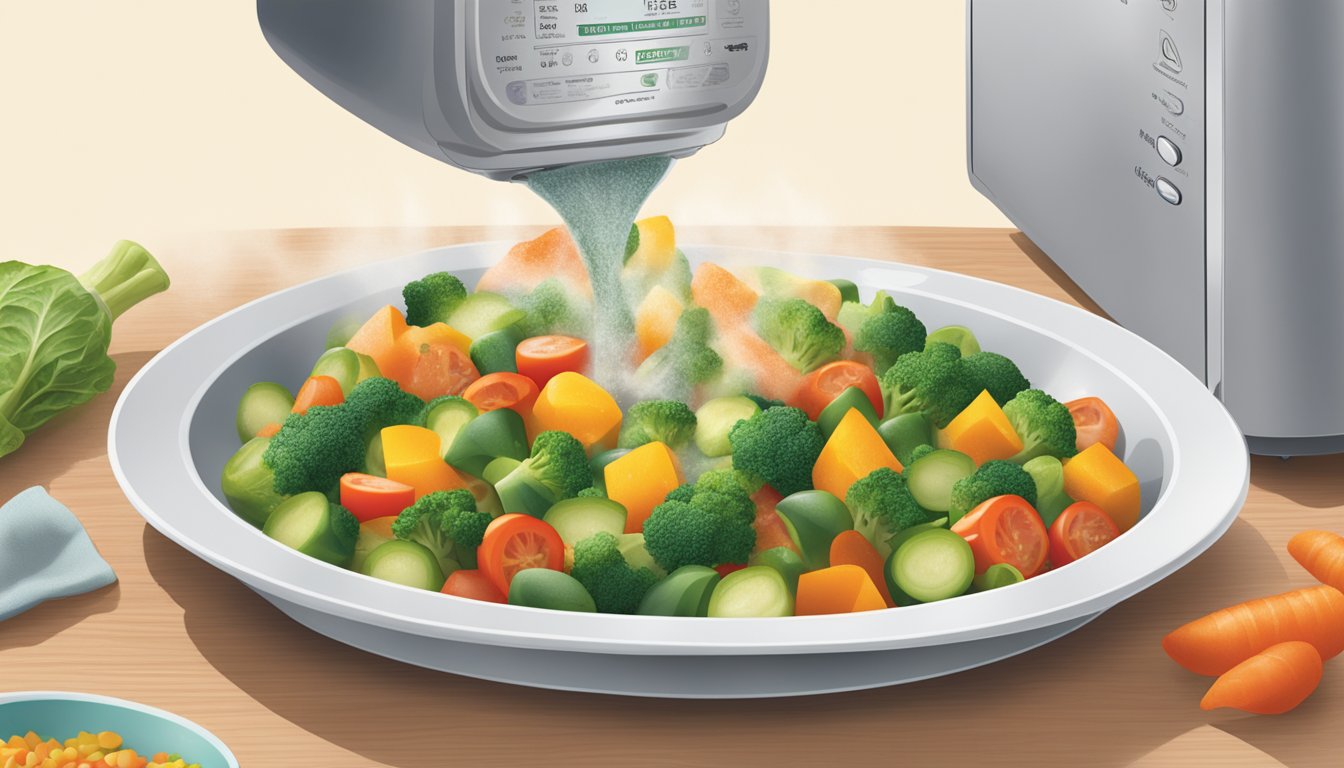 A microwave with a steaming bag of Birds Eye Steamfresh mixed vegetables being removed and poured onto a plate