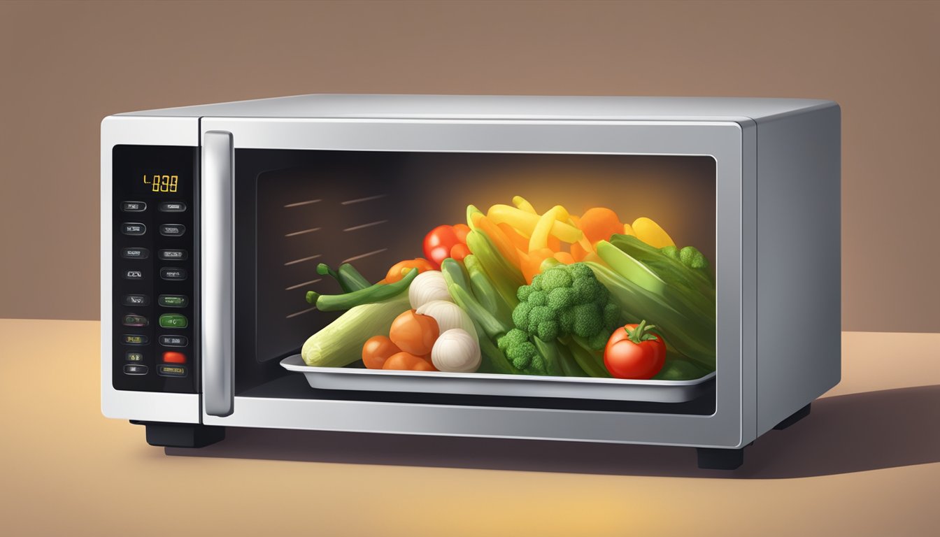 A steaming bowl of mixed vegetables sits in a microwave, surrounded by the warm glow of the appliance