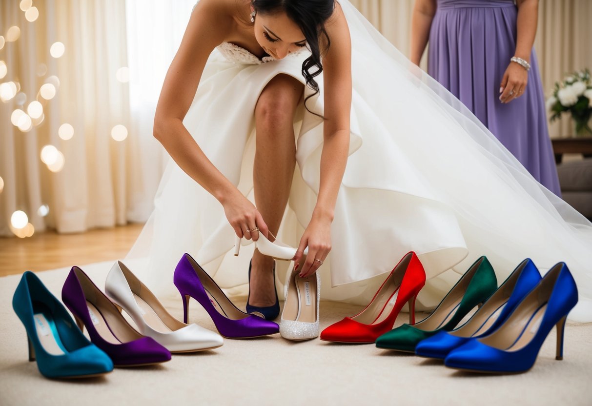 A bride trying on different colored wedding shoes, surrounded by a variety of options