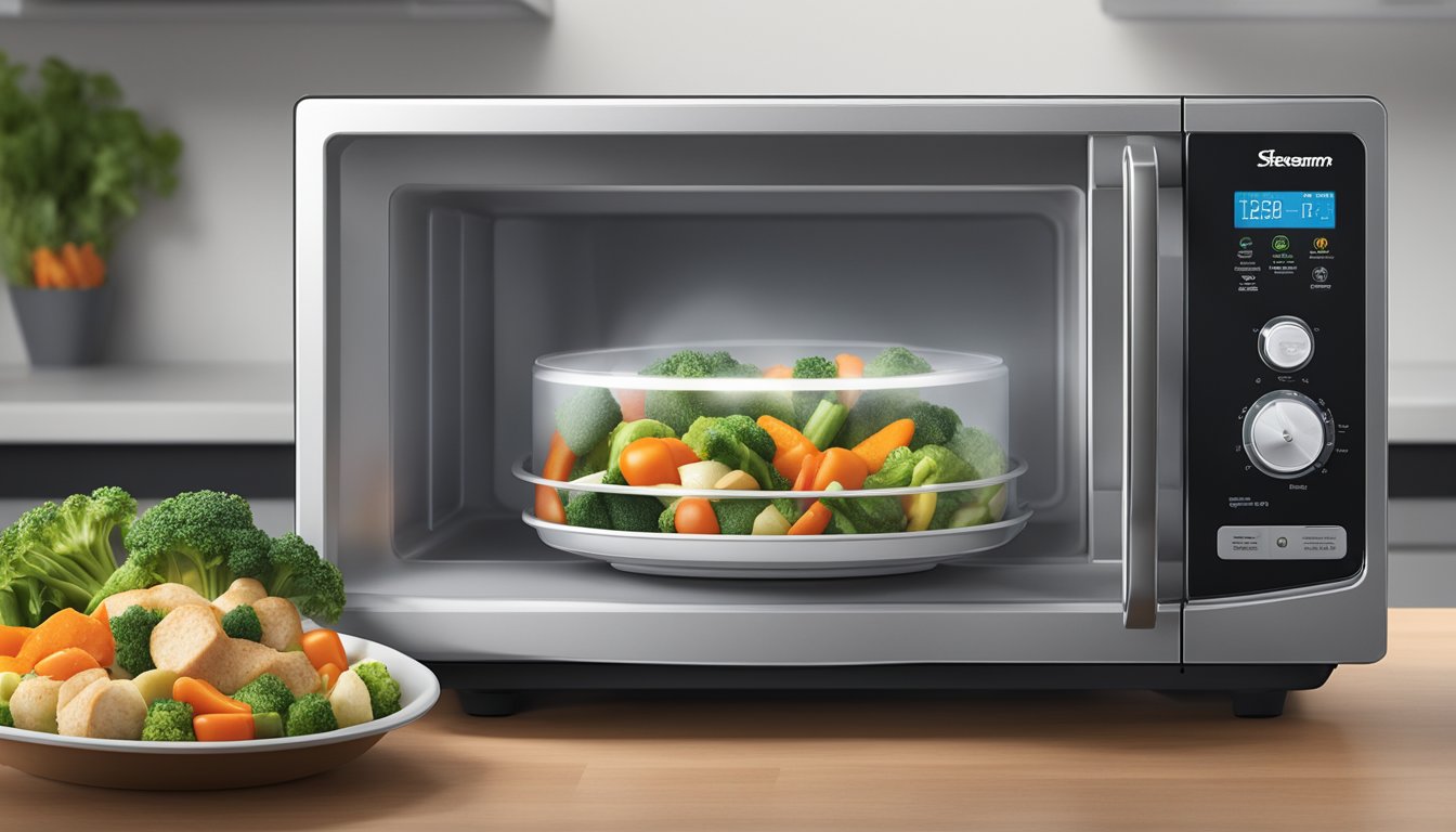 A microwave with a steaming bag of Birds Eye Steamfresh mixed vegetables rotating inside