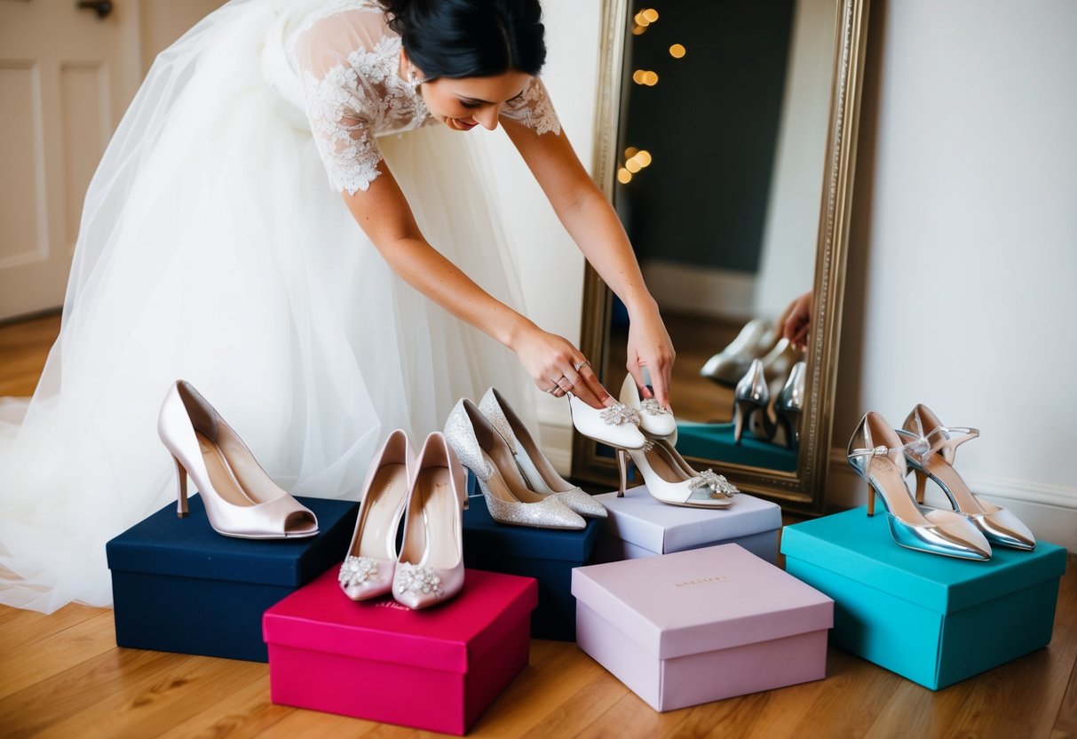 A bride trying on various colored wedding shoes, surrounded by shoe boxes and a mirror