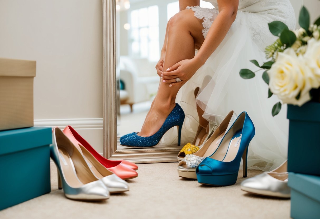 A bride trying on various colored wedding shoes, surrounded by boxes and a mirror