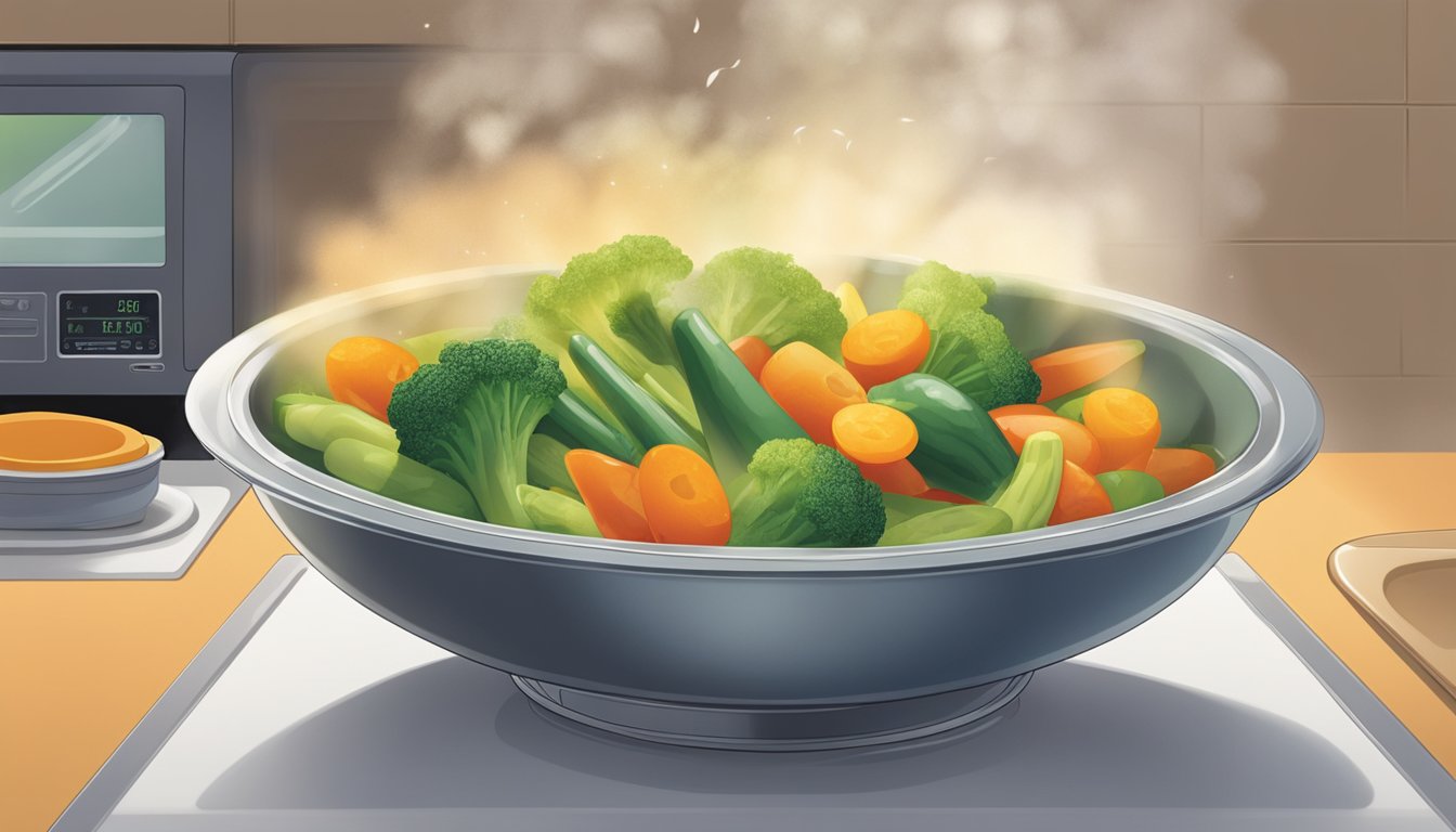 A microwave-safe dish with Birds Eye Steamfresh mixed vegetables being heated in the microwave. The steam rises from the vegetables as they cook, enhancing their flavor and texture