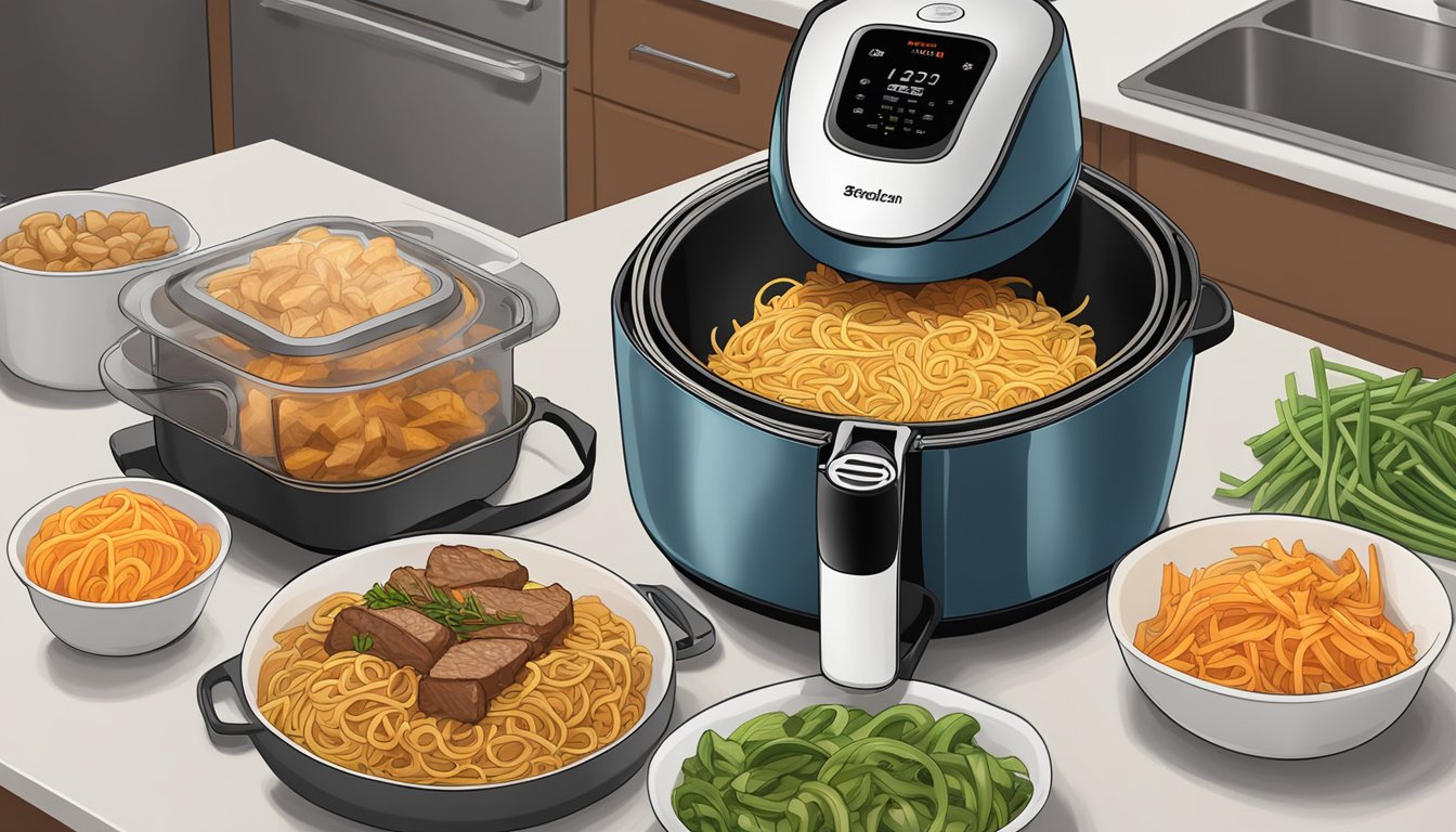 A steamer and air fryer sit on a kitchen counter, surrounded by bags of Birds Eye Voila Beef Lo Mein