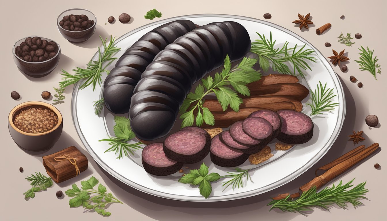 A plate with reheated blood sausage morcilla, surrounded by herbs and spices