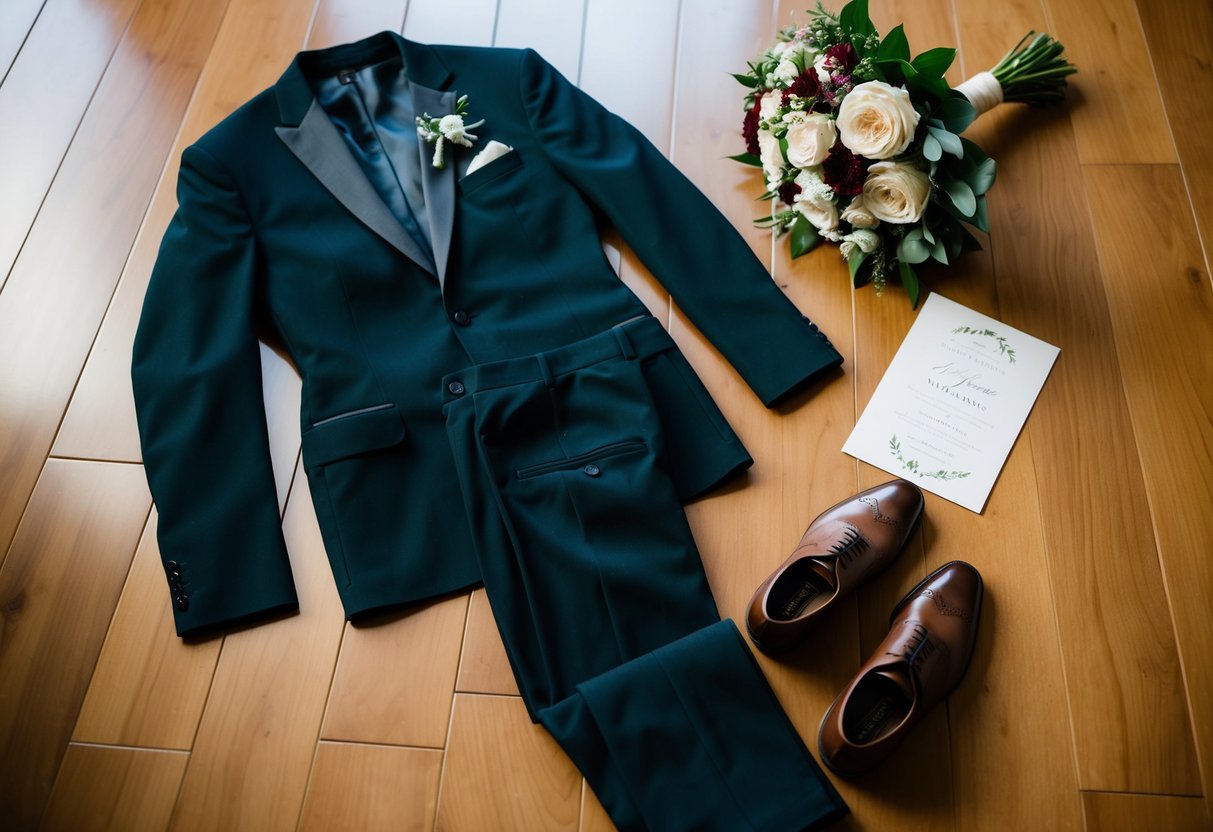A black suit jacket and trousers with brown shoes on a polished wooden floor, with a wedding invitation and a bouquet of flowers nearby