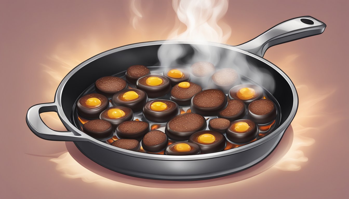 A skillet sizzling with reheating blood sausage, steam rising