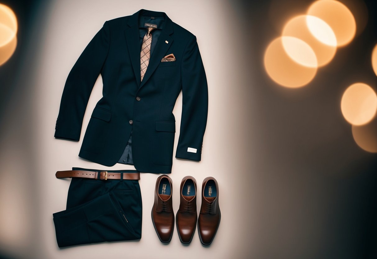 A black suit jacket and trousers paired with brown leather shoes, a matching belt, and a coordinating tie and pocket square