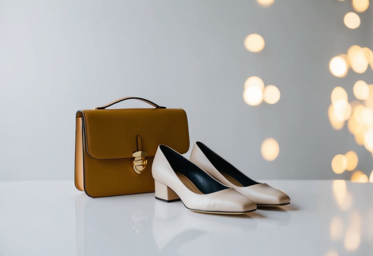 A pair of matching shoes, a coordinating bag, and a complementing hat neatly arranged on a clean, minimalist background