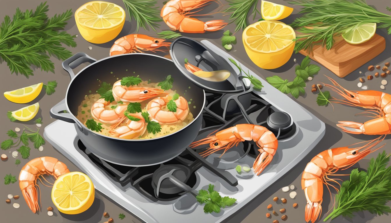 A steaming skillet of shrimp scampi sizzling over a stovetop, surrounded by fresh herbs and spices