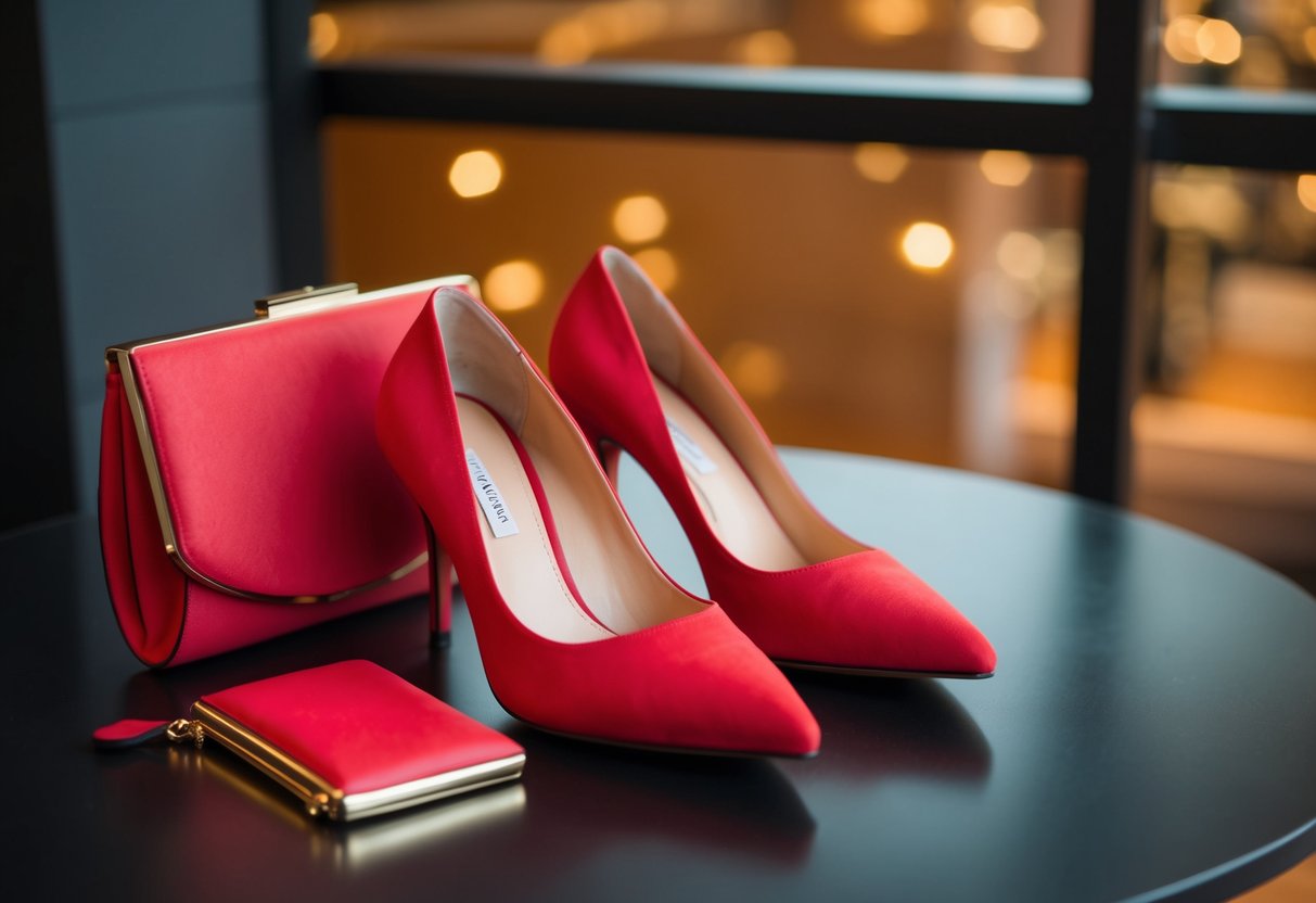A pair of red high-heeled shoes, a matching clutch purse, and a wide-brimmed hat in the same shade laid out on a table