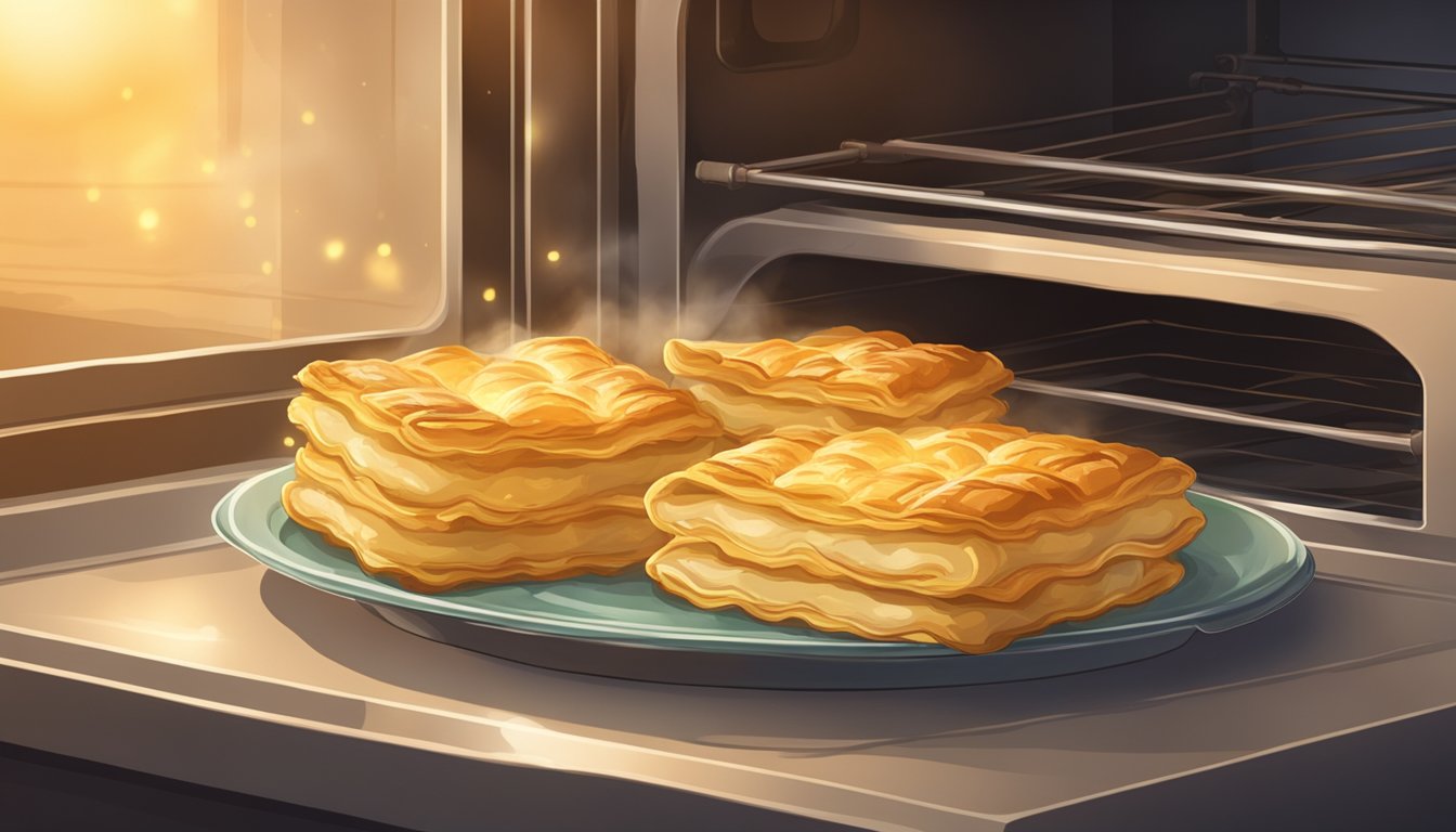 A plate of borek sits in an oven, the warm glow highlighting its flaky layers. Steam rises from the golden pastry, promising a perfect reheated flavor and texture