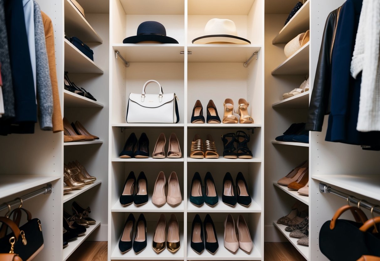 A woman's closet with shelves of shoes, bags, and hats arranged by occasion - casual, formal, and sporty