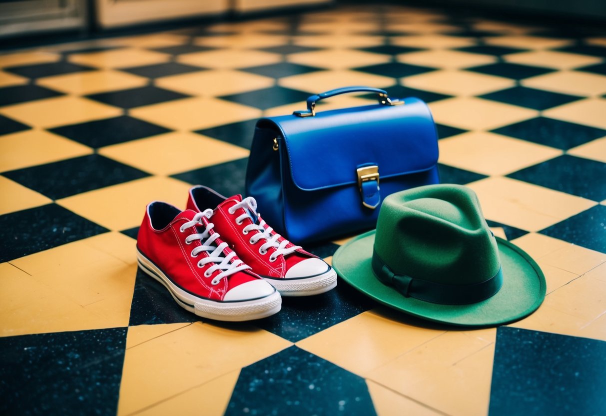 A pair of red shoes, a blue bag, and a green hat are scattered on a checkered floor
