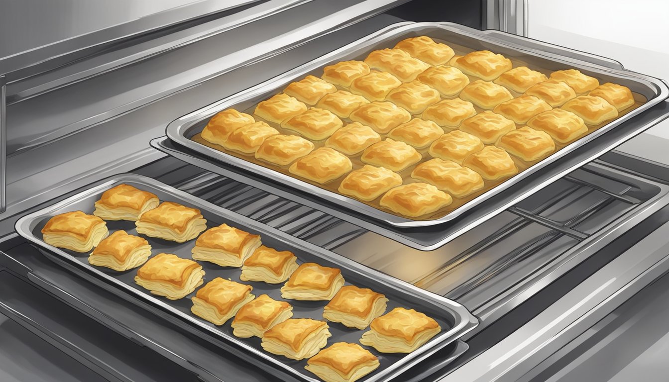 A tray of borek placed in a preheated oven. Steam rising from the golden, flaky pastry filled with savory filling