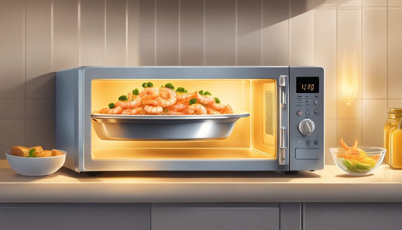 A microwave with a steaming plate of Birds Eye Voila shrimp scampi inside, surrounded by the warm glow of the oven