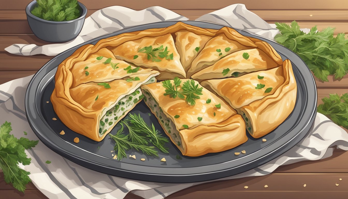 A plate of borek sits on a baking sheet in a warm oven, surrounded by fresh herbs and a sprinkle of sesame seeds