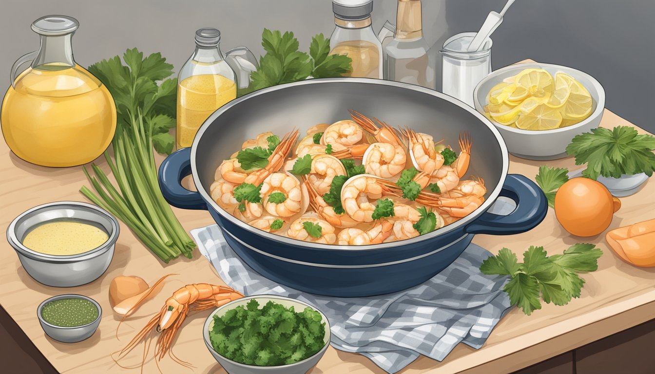 A steaming bowl of shrimp scampi sits on a kitchen counter, surrounded by the ingredients used to reheat it