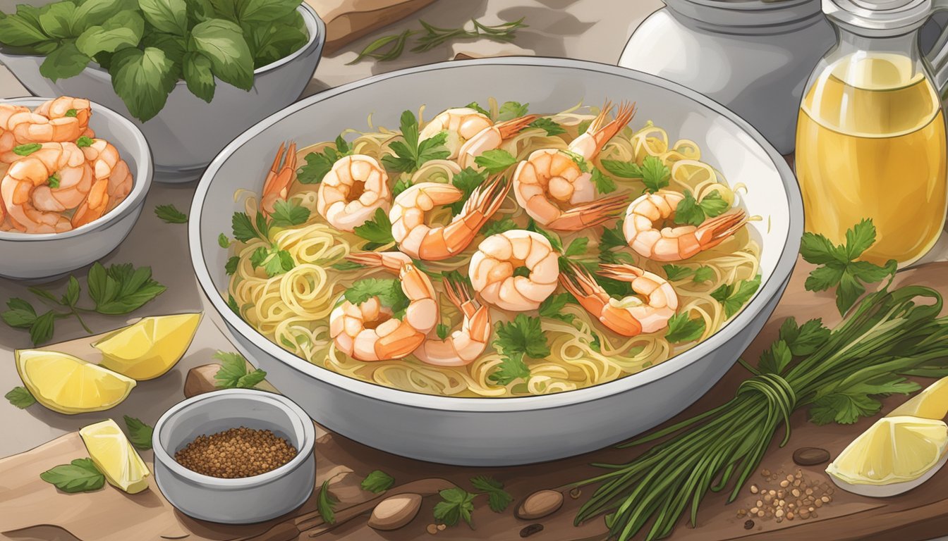 A steaming bowl of reheated shrimp scampi sits on a kitchen counter, surrounded by aromatic herbs and spices. Steam rises from the dish, evoking the savory scent of the flavorful meal