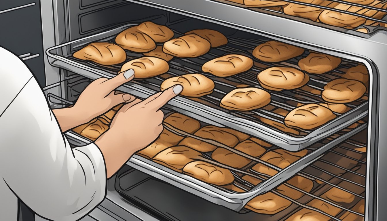 A hand reaching into an oven to place a tray of breadsticks on the middle rack. The oven is set to 350°F and a timer is being set for 5 minutes