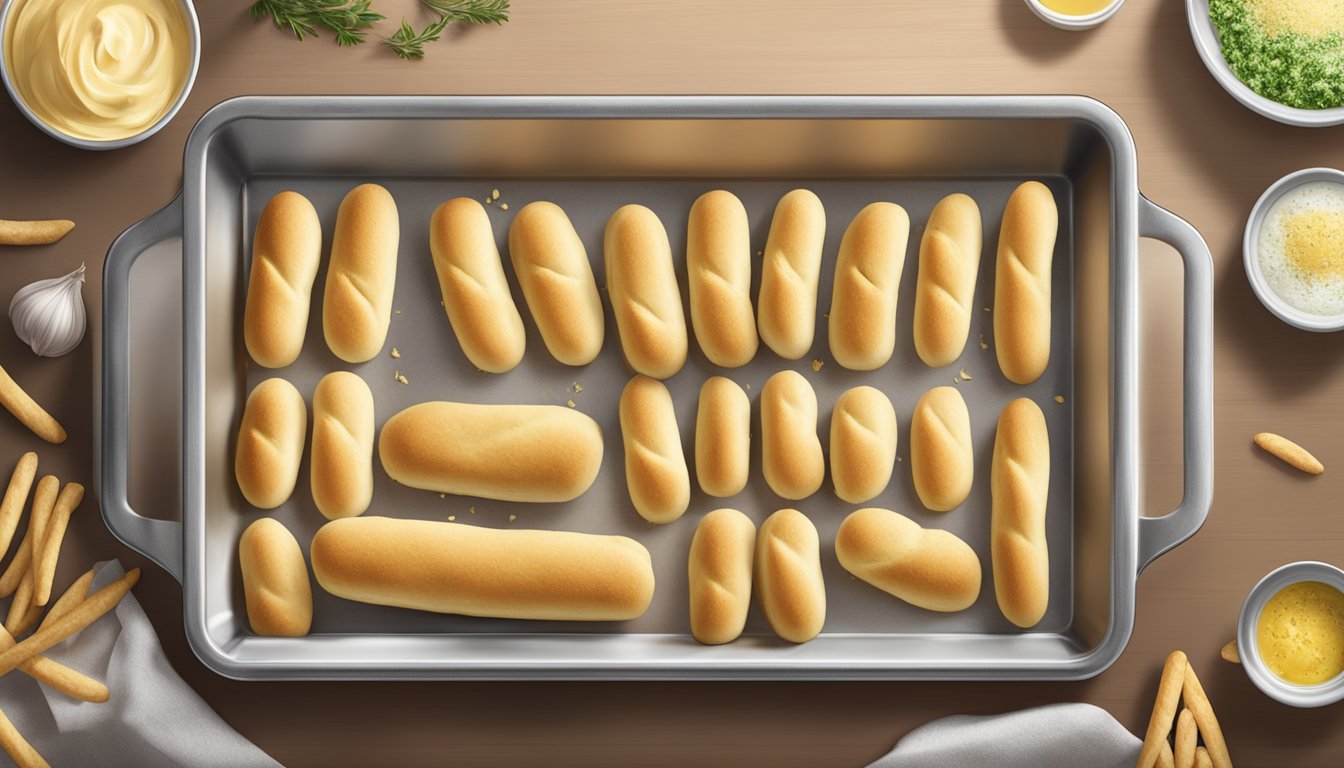 Freshly baked breadsticks being placed on a baking sheet, brushed with garlic butter, and then heated in the oven