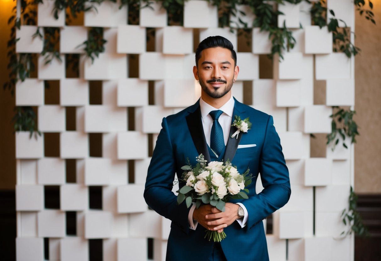 A male guest wearing a sharp suit and tie, holding a bouquet of flowers, standing in front of a decorative wedding backdrop