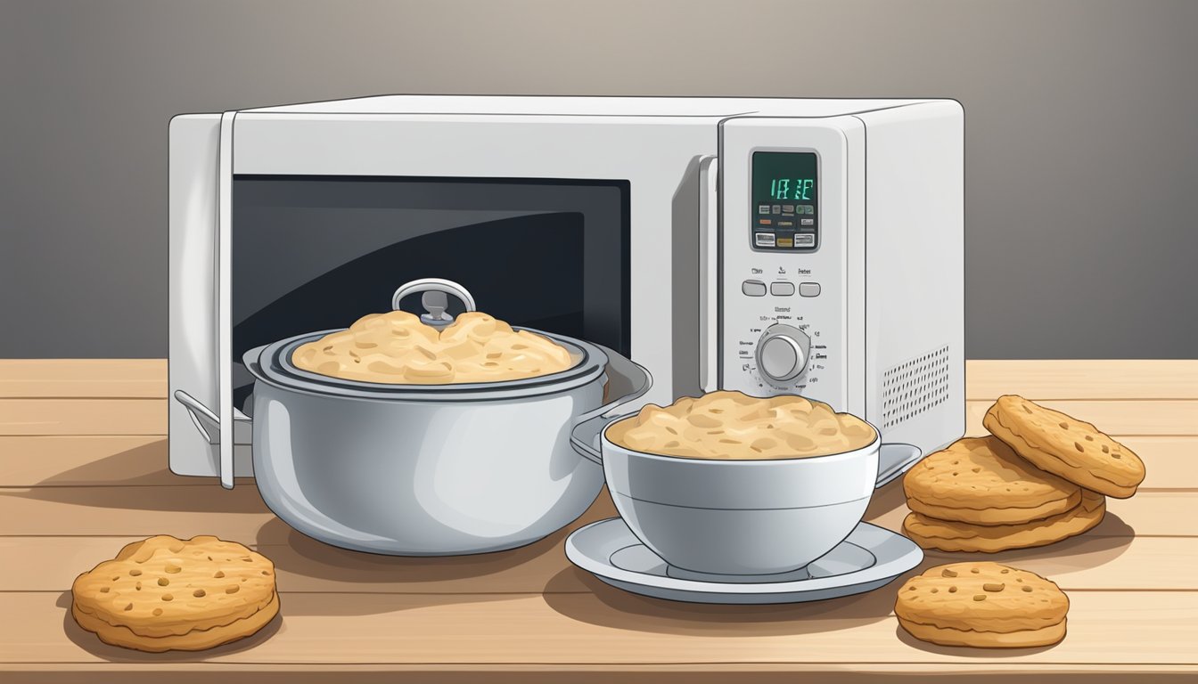 A plate of biscuits and gravy sitting on a wooden table, covered with a lid. A microwave next to it with the door open