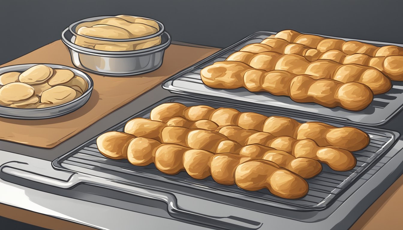 Freshly baked breadsticks on a baking sheet, wrapped in foil. A toaster oven next to them, set to a low heat setting