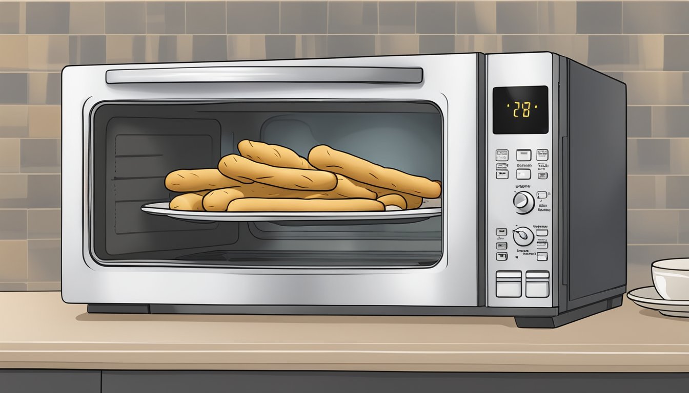 A plate of breadsticks sits in a microwave. Steam rises as the microwave timer counts down