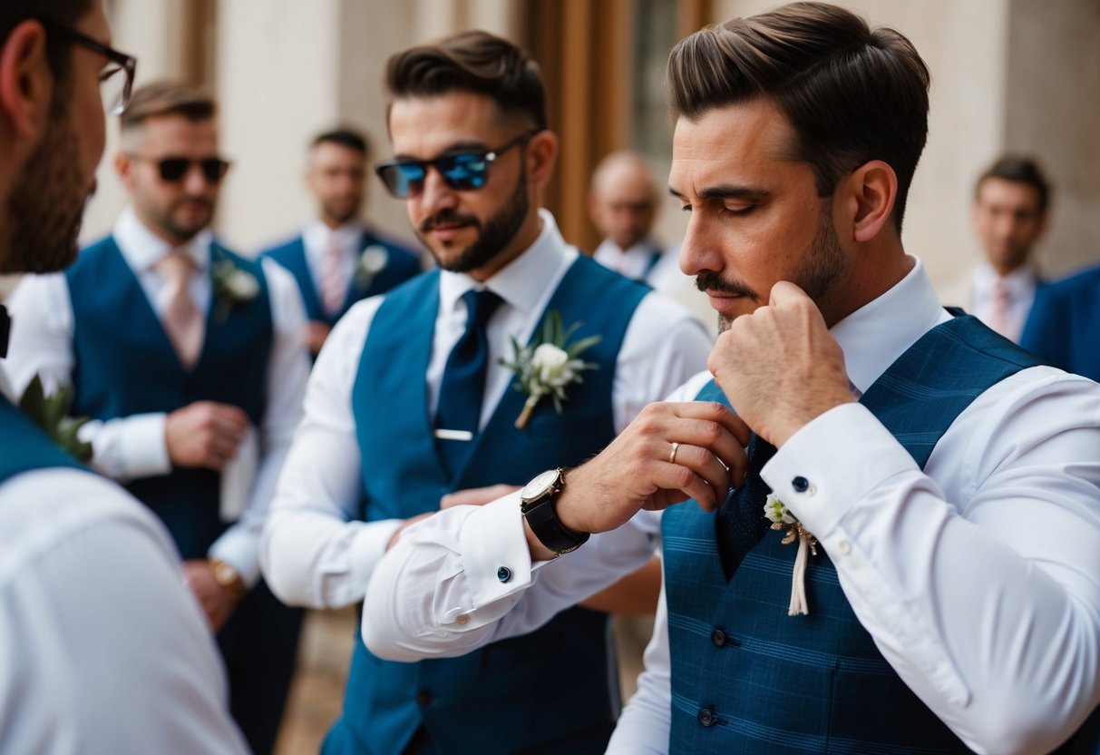 A well-dressed male guest adding final touches to his outfit for a wedding, choosing between a selection of stylish accessories