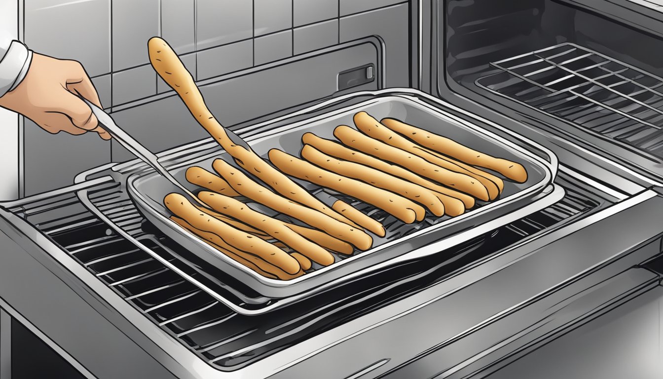 A plate of leftover breadsticks being placed in the oven to reheat, with steam rising from the hot breadsticks