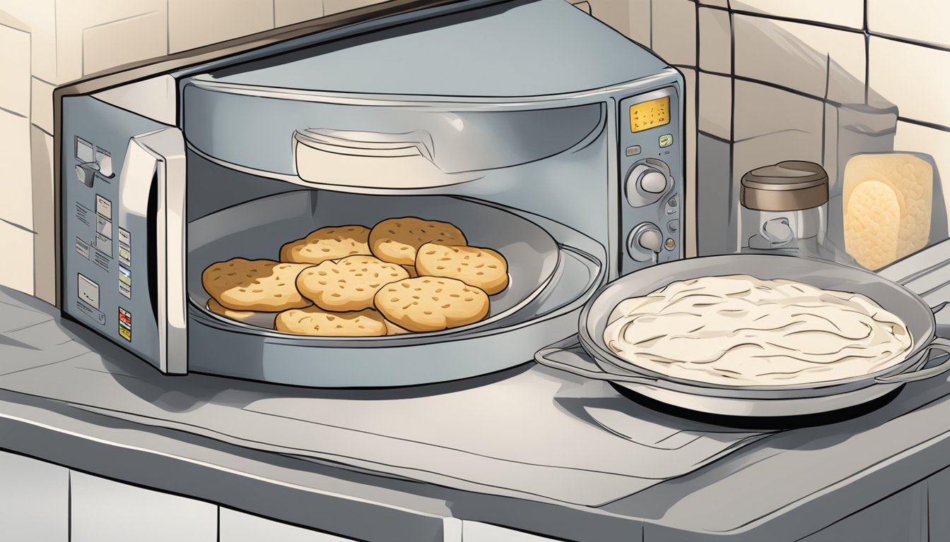 A steaming plate of biscuits and gravy being reheated in the microwave