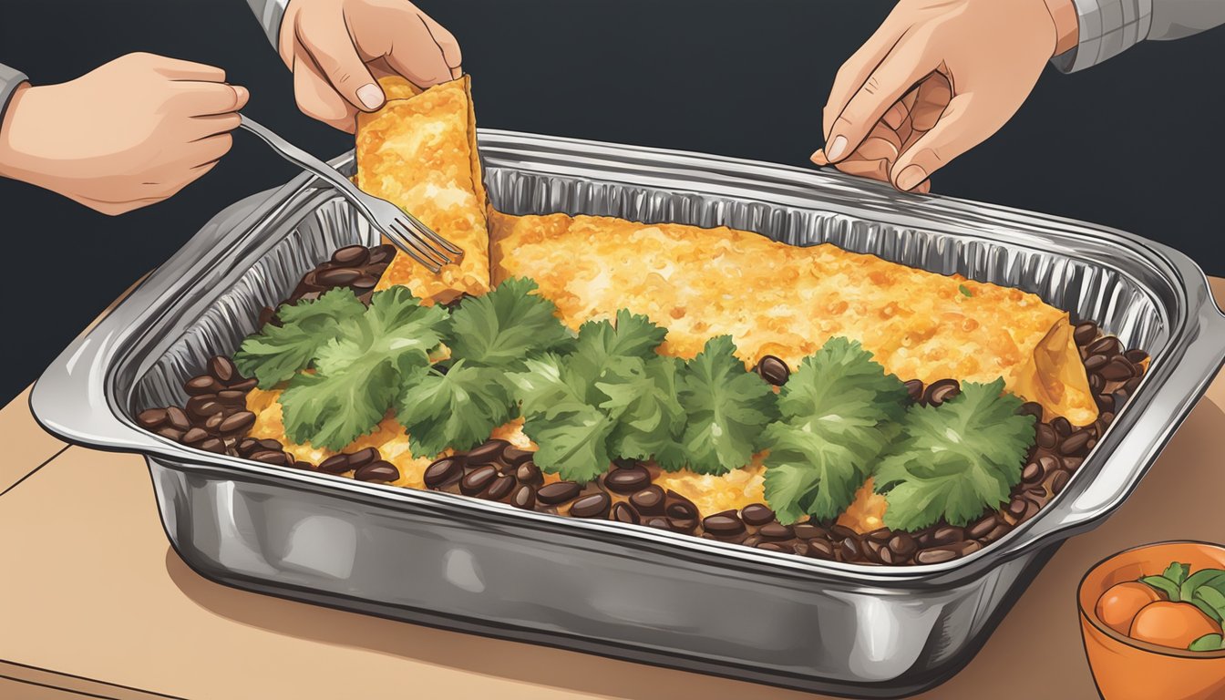 A person placing black bean enchiladas in a baking dish, covering them with foil, and preheating the oven