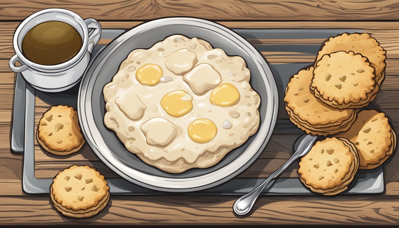 A steaming plate of biscuits and gravy sits on a rustic wooden table, with a pat of melting butter on top of the flaky biscuits