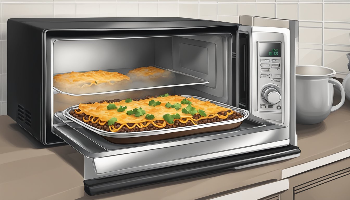 A microwave with a plate of black bean enchiladas inside