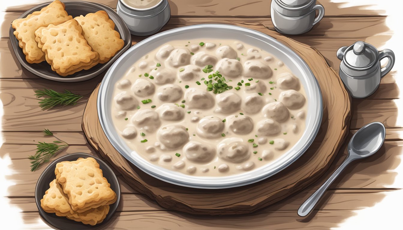 A plate of reheated biscuits and gravy sits on a rustic wooden table, steam rising from the creamy gravy and fluffy biscuits