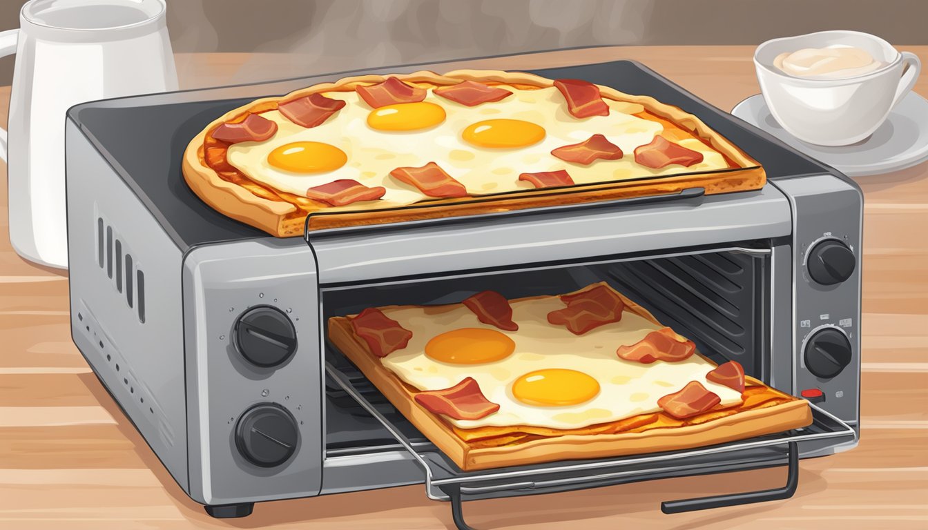 A slice of breakfast pizza with eggs and bacon being reheated in a toaster oven, with a golden and crispy crust