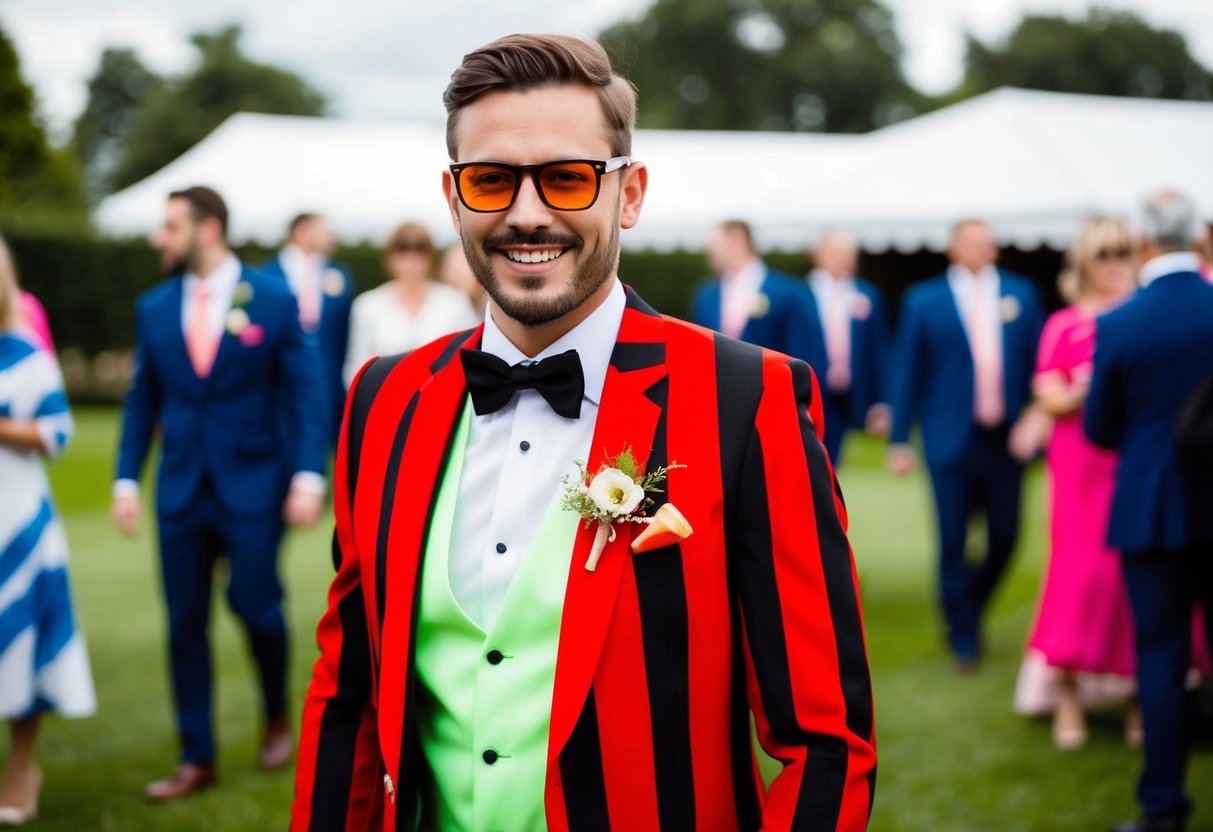 A wedding guest wearing a bright red and black striped outfit, clashing patterns, and neon colors
