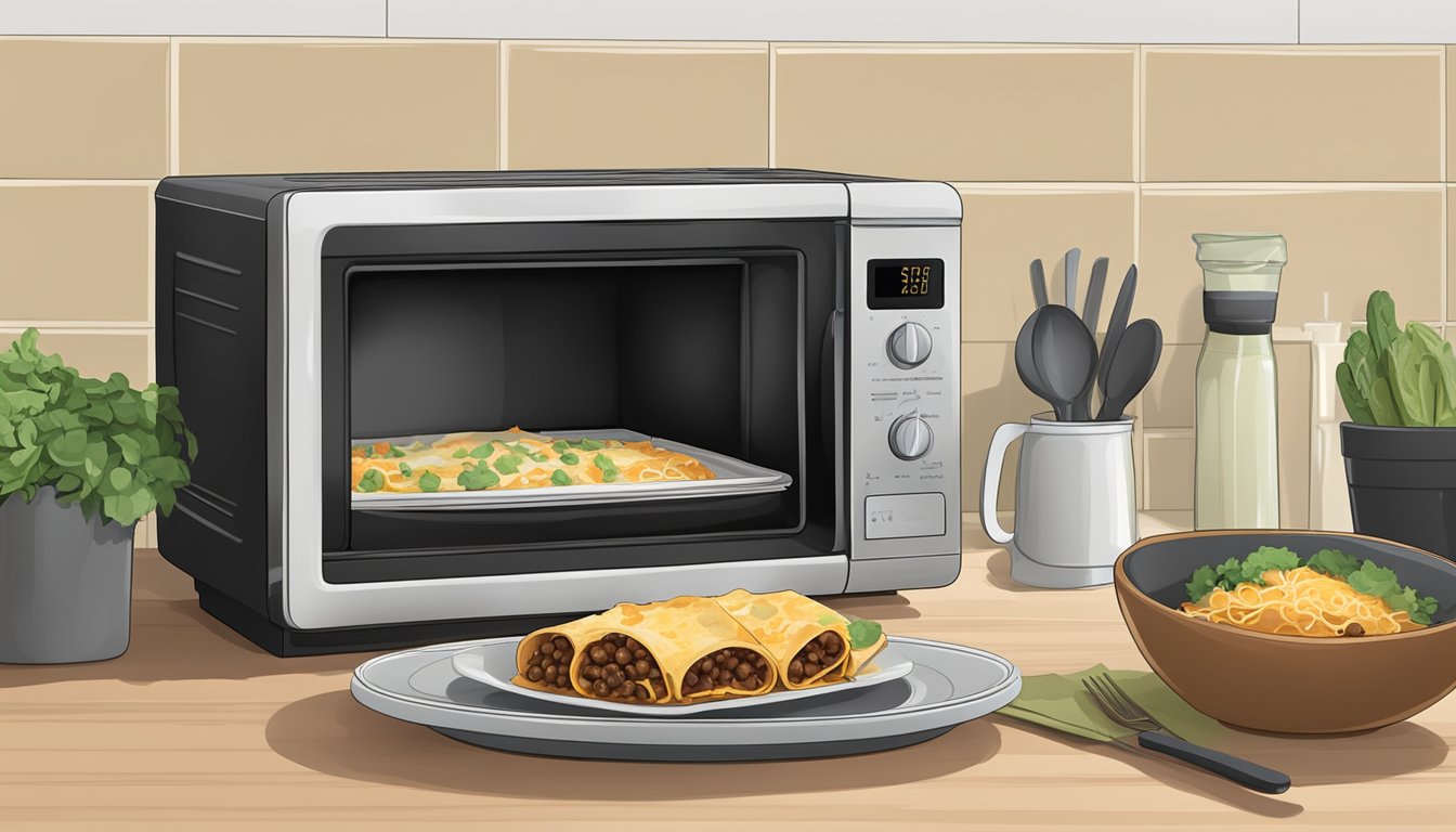 A microwave and oven sit on a kitchen counter next to a plate of black bean enchiladas